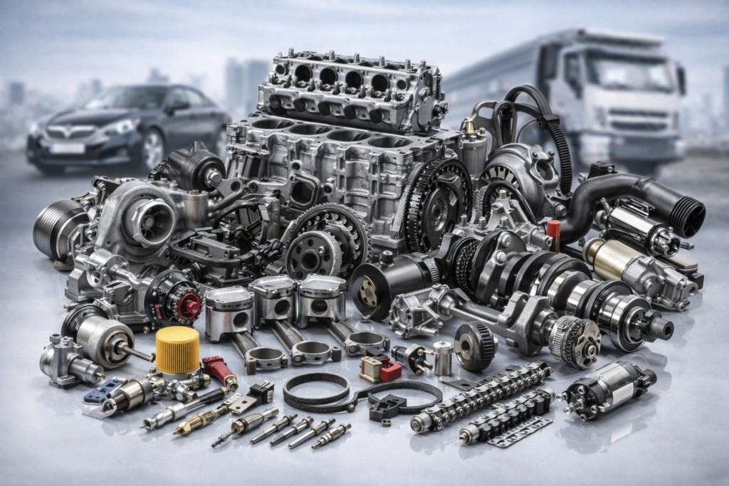 Assortment of car and truck engine parts including engine block, pistons, crankshaft, camshaft, turbocharger, valves, timing belt, oil pump, water pump, and fuel injectors