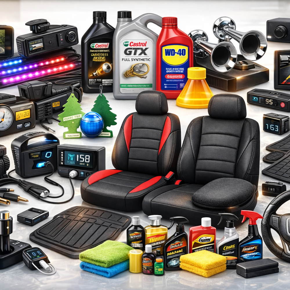 Premium car auto accessories collection featuring dash cams, LED lighting, engine oil, lubricants, seat covers, floor mats, tire inflator pumps, chargers, sensors, and car cleaning products for vehicle safety, comfort, and maintenance.