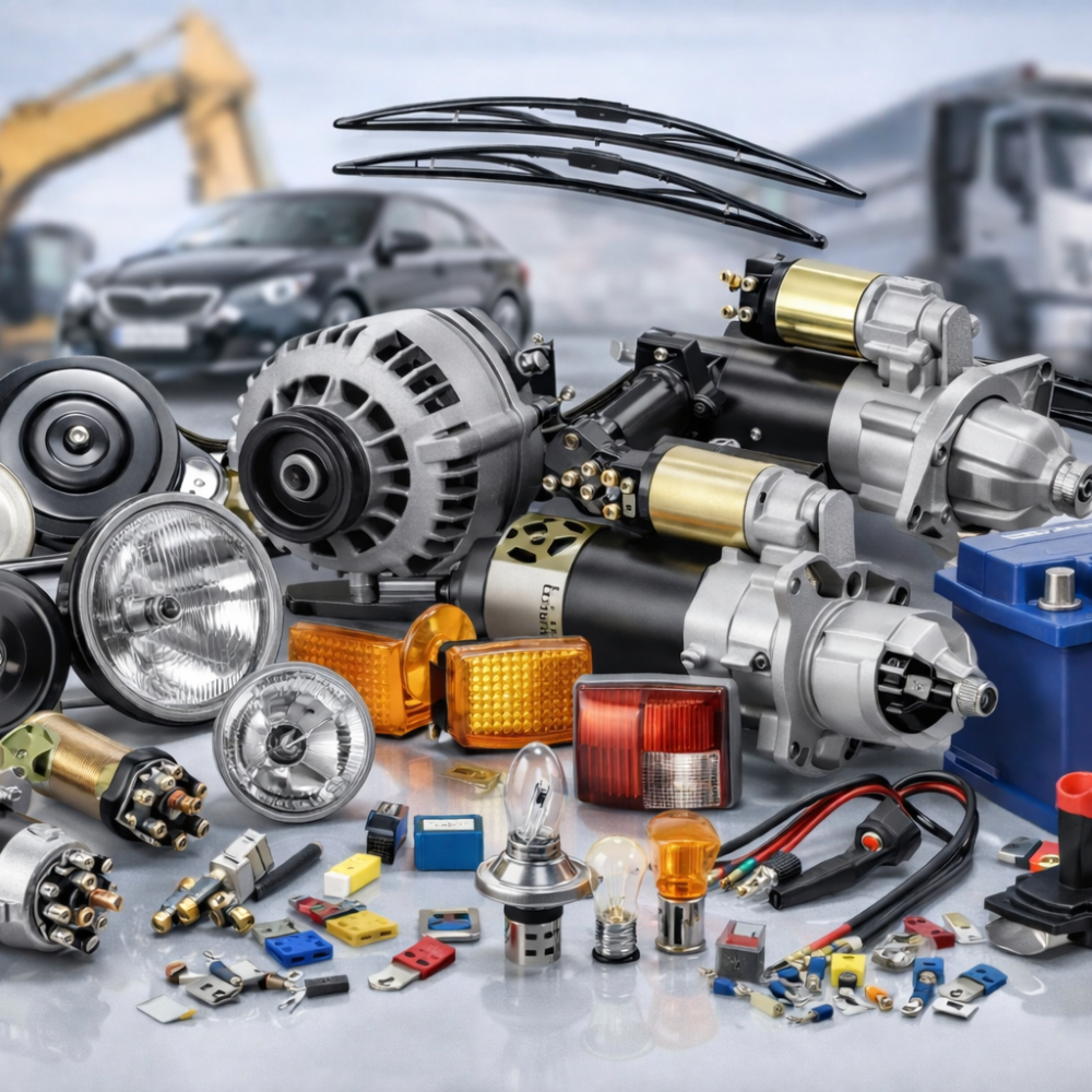 Electrical parts for vehicles and heavy equipment, featuring alternators, starters, relays, bulbs, horns, and battery with vehicles blurred in background.